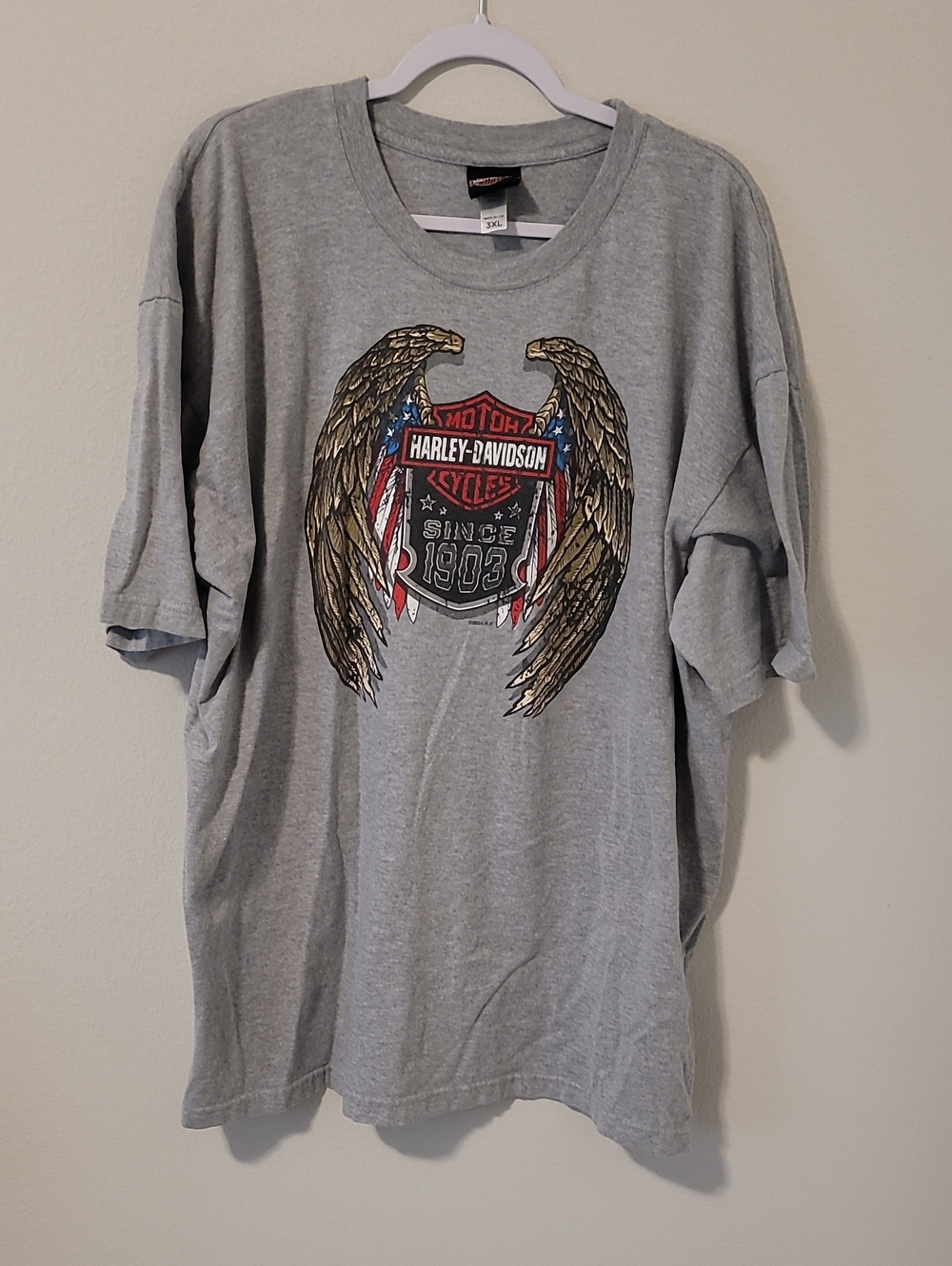 Harley-Davidson Gray Tee with Gold Wings and Red-Blue Shield
